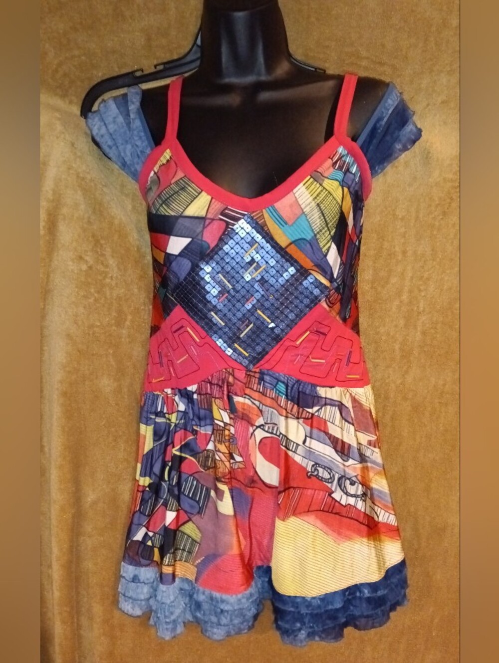Save The Queen Colorful Patchwork Sequin Sleeveless Tunic - Red Trim